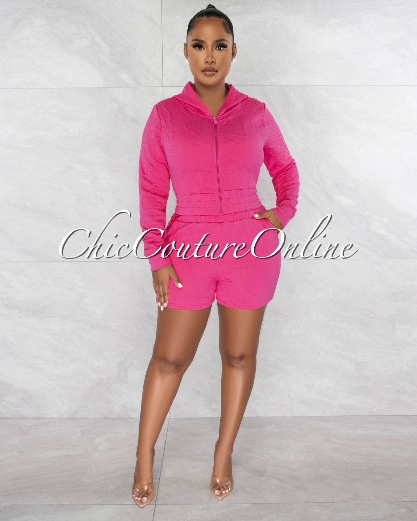 Gianpaul Bubblegum Pink Crop Hoodie & Shorts Textured Set