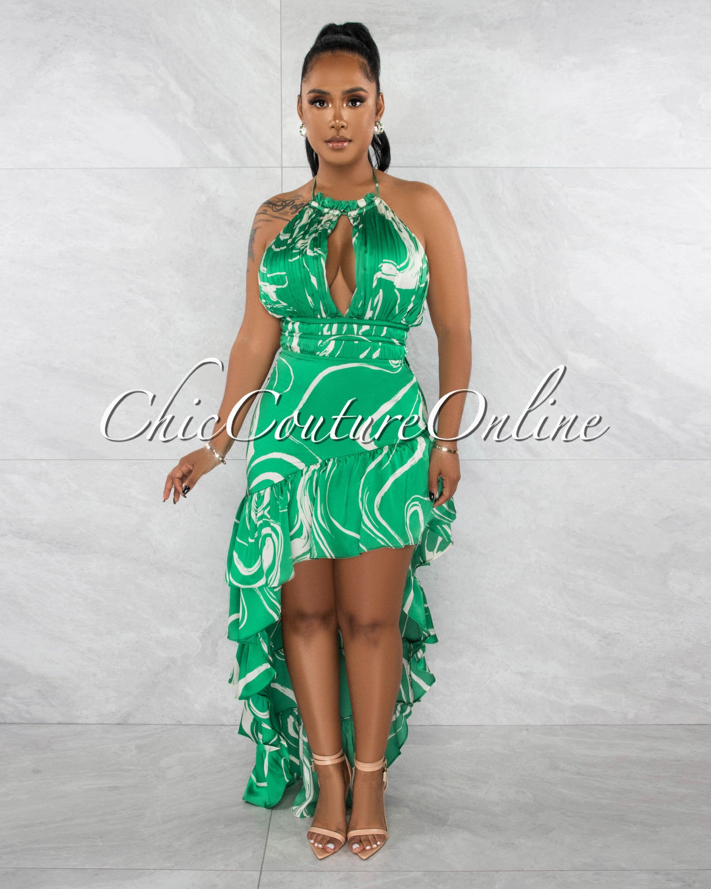 *Howard Green White Print Ruffle Hi-Lo Silky Dress