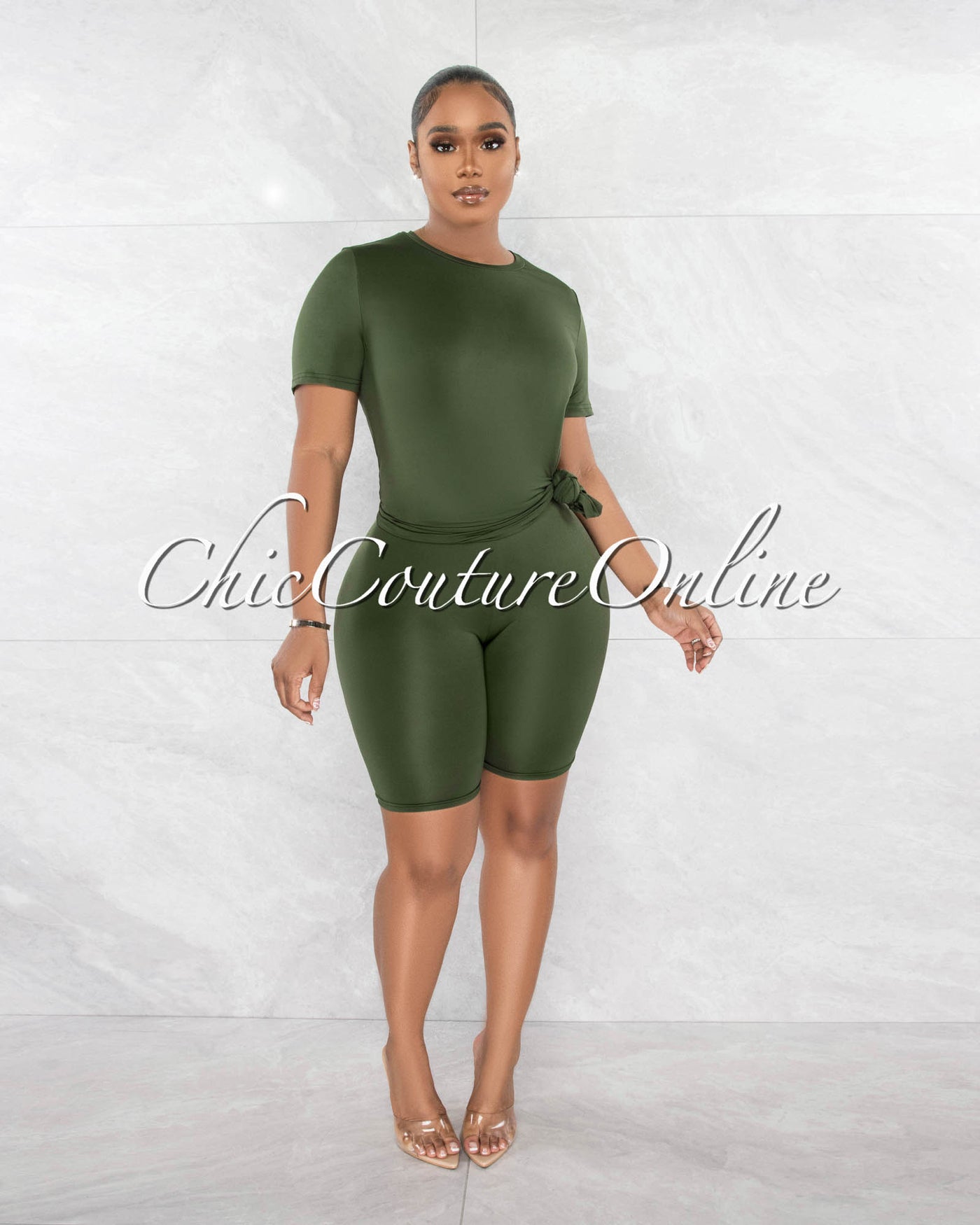 Courtnie Olive Green T-Shirt & Bike Shorts Set