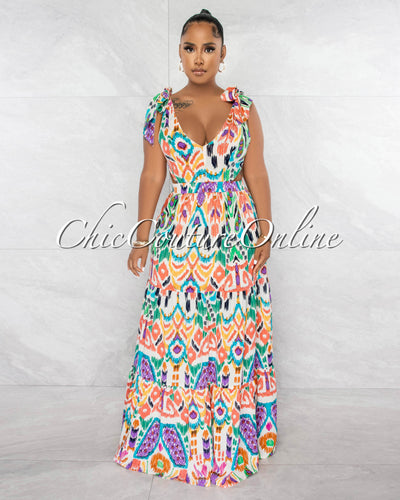 Perez Ivory Multi-Color Print Cut-Out Maxi Dress