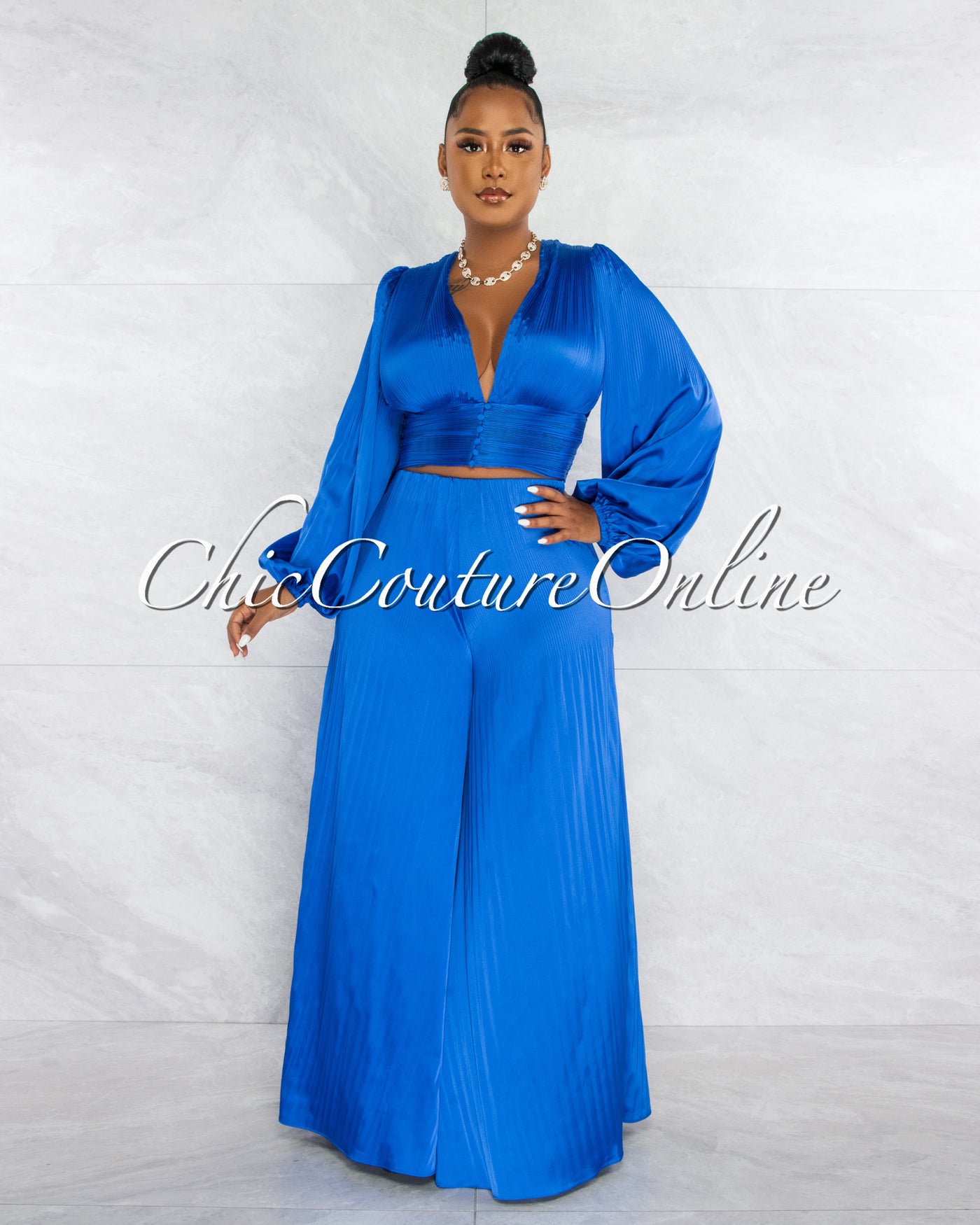 Sheena Royal Blue Long Sleeves Crop Top & Pants Pleated Set