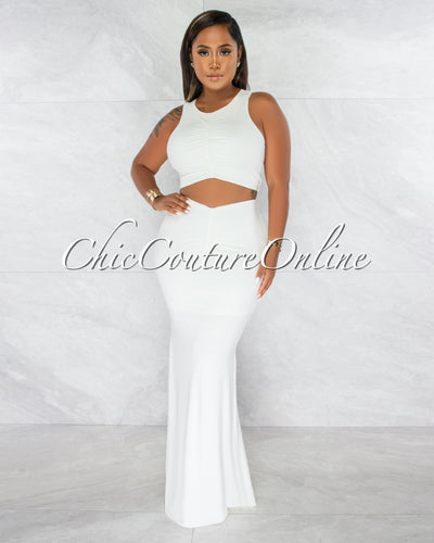 Virginia Off-White Ruched Crop Top & Maxi Skirt Set