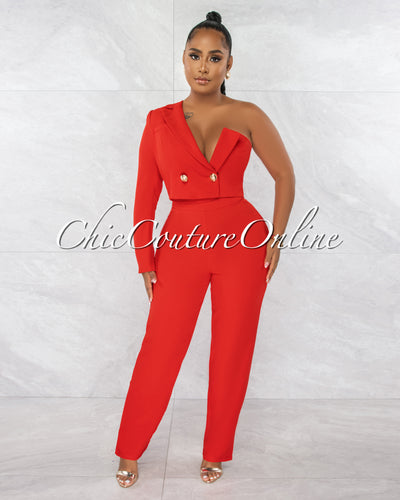 Oksana Red Single Shoulder Crop Blazer & Wide Pants Set
