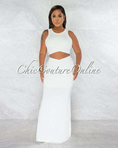 Virginia Off-White Ruched Crop Top & Maxi Skirt Set