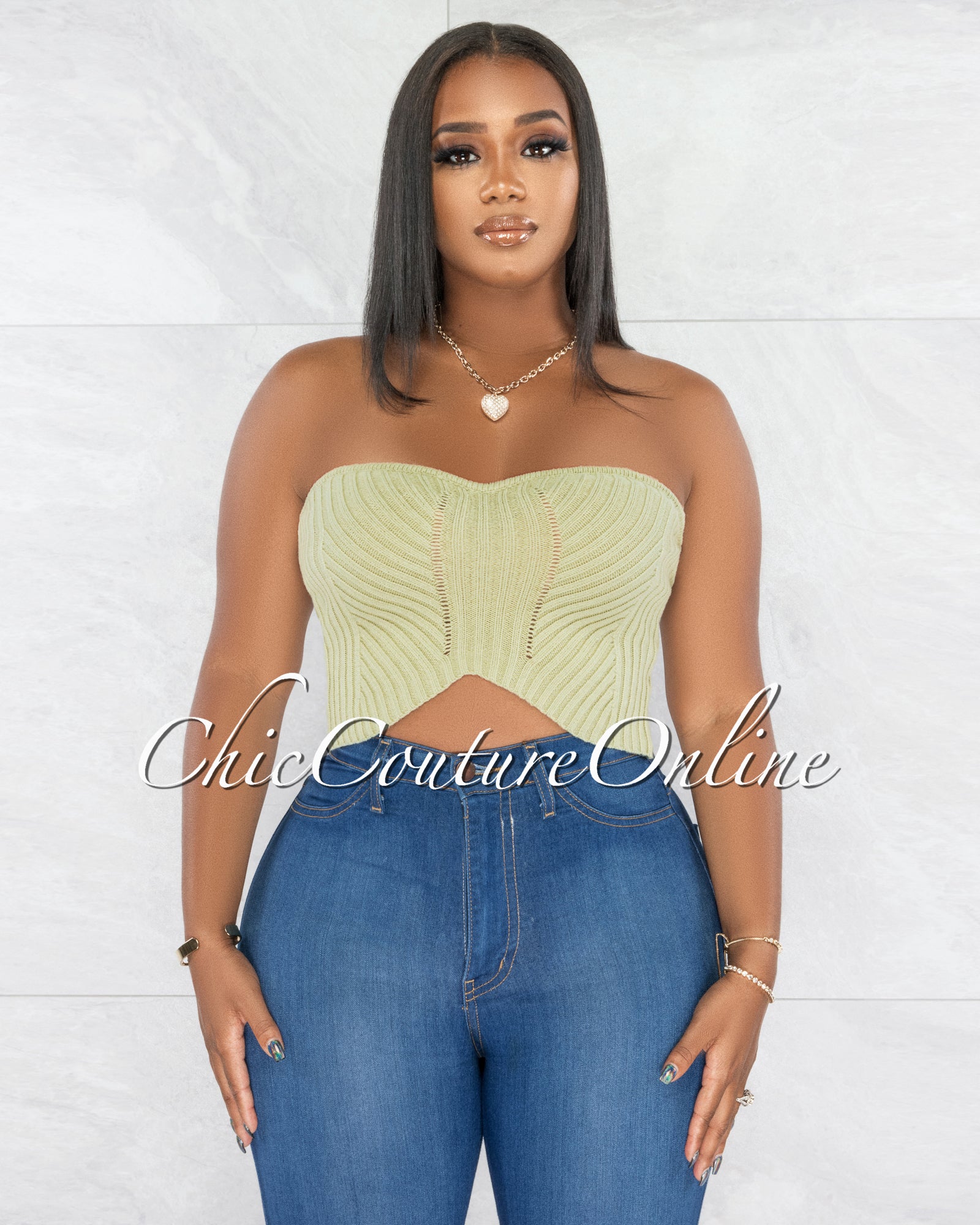 *Sundie Sage Ribbed Strapless Crop Top