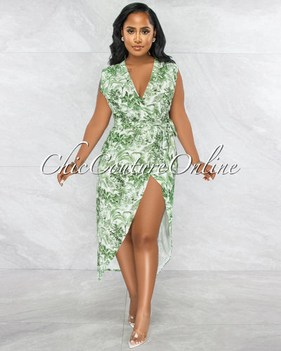 Lerenda White Green Leaf Wrap High Low Midi Dress