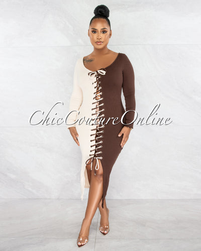 *Adova Brown Nude Two Tone Lace-Up Ribbed Dress