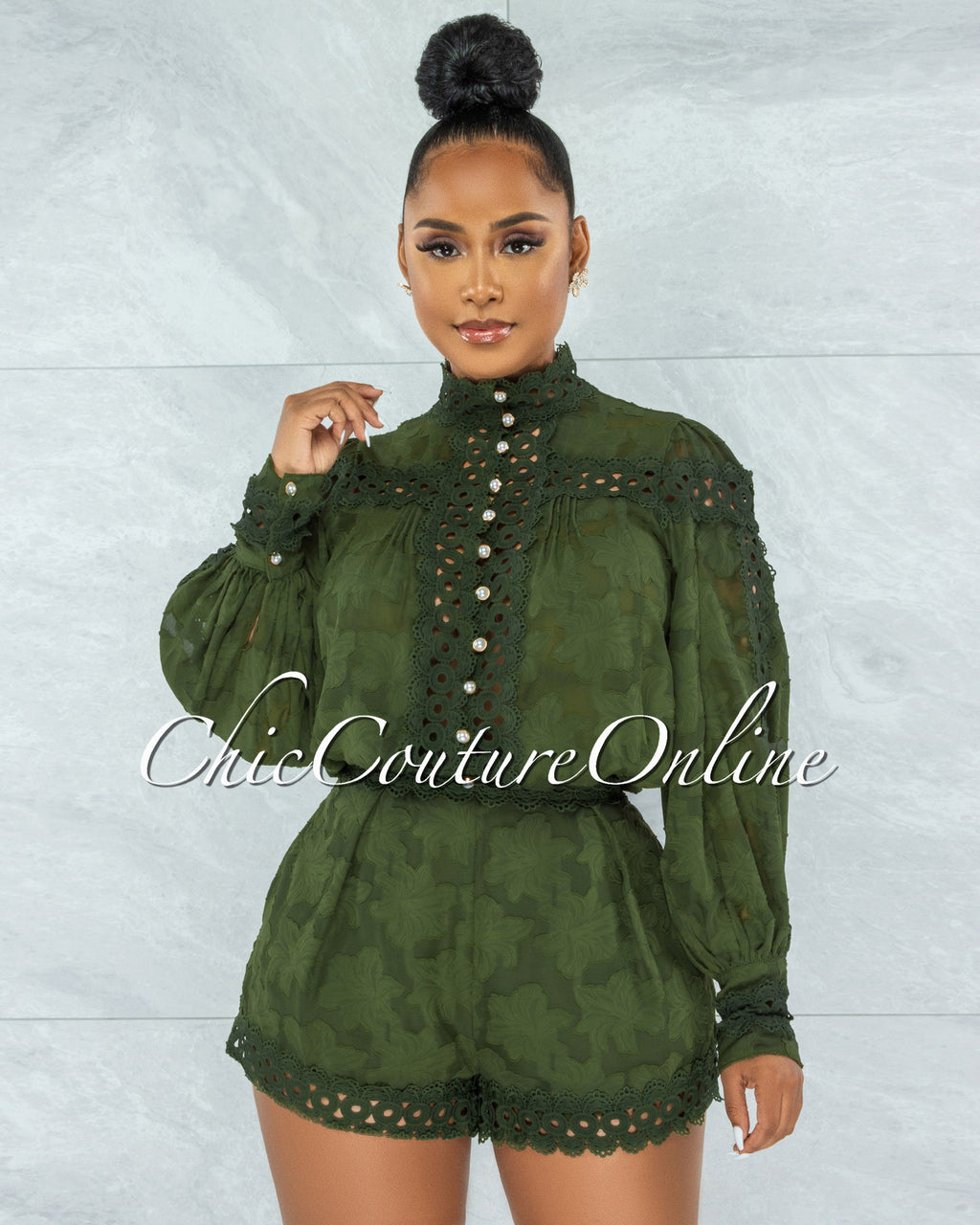 *Bansuri Olive Crochet Pearl Sheer Blouse & Shorts Set – Chic Couture ...