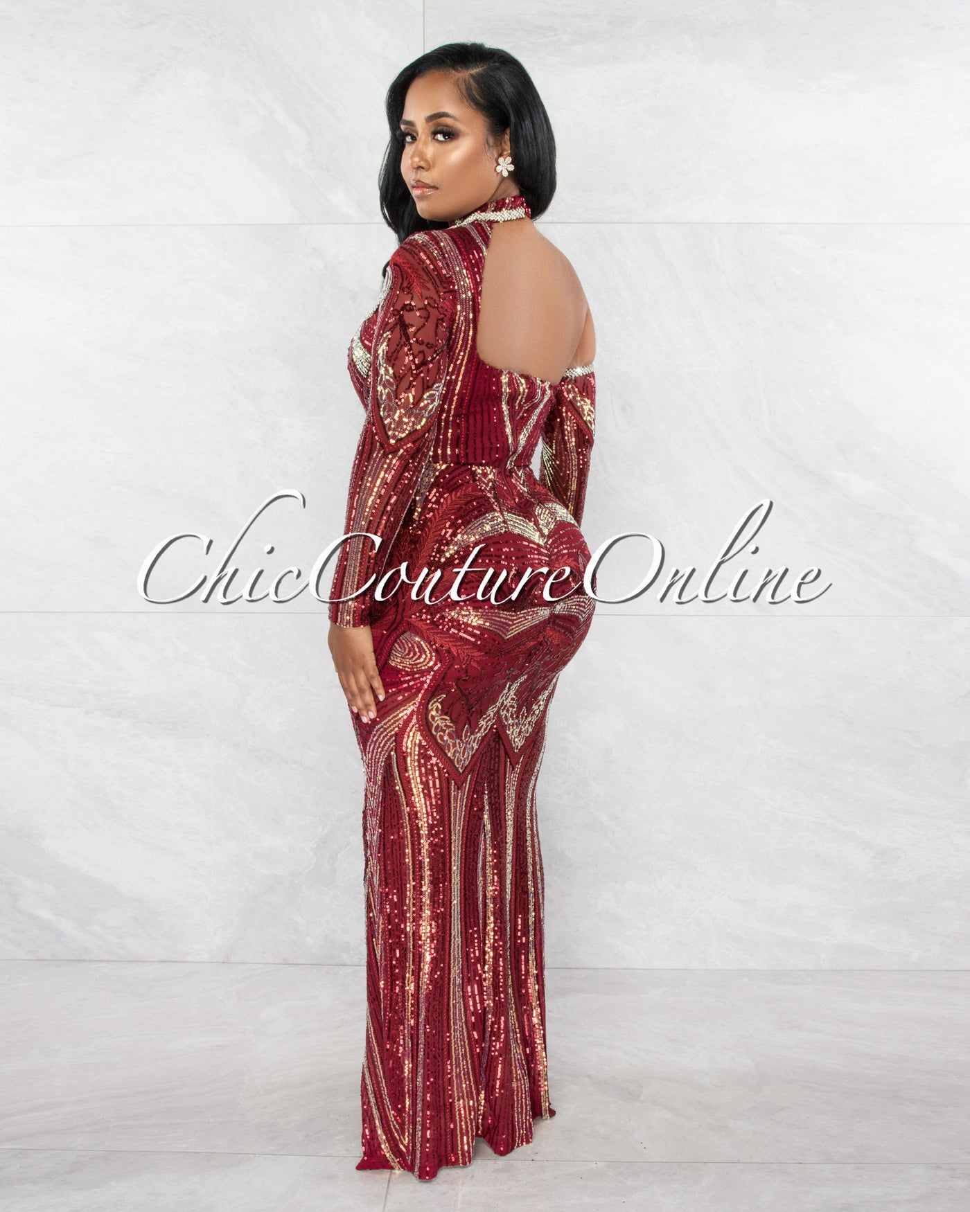 Bellucci Burgundy Sequins Rhinestones Long Sleeves Choker Maxi Dress
