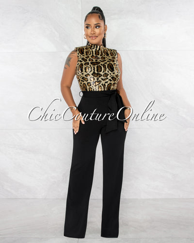 *Blaine Gold Leopard Sequins Black Bottom Jumpsuit