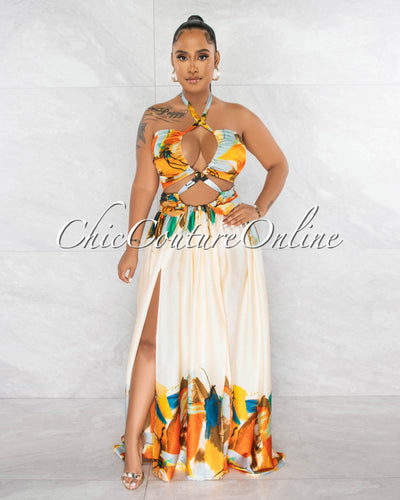 *Novia Ivory Orange Print Halter Cut-Out Maxi Dress