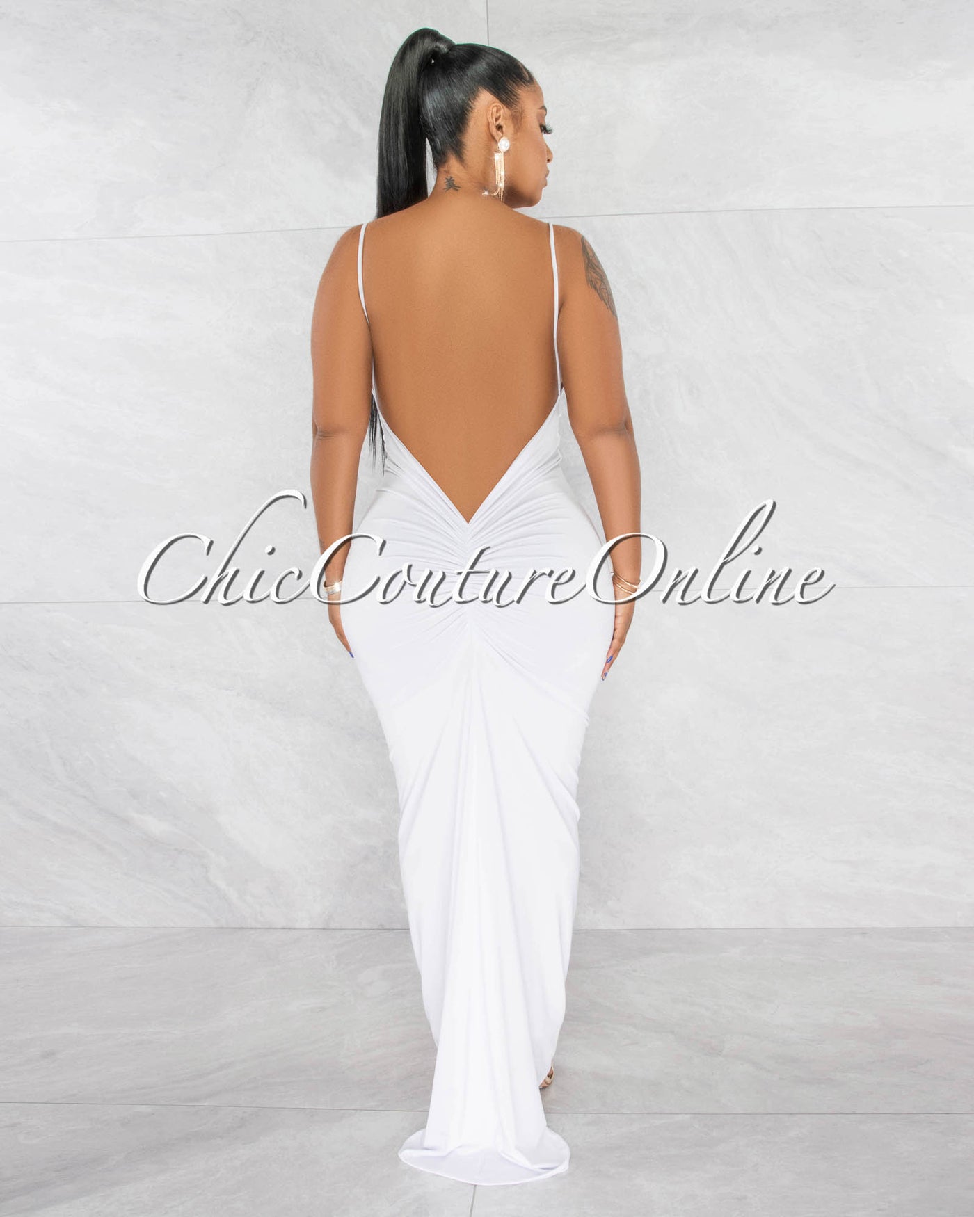 Balara Off-White Deep V-Neckline Low Back Drape Maxi Dress