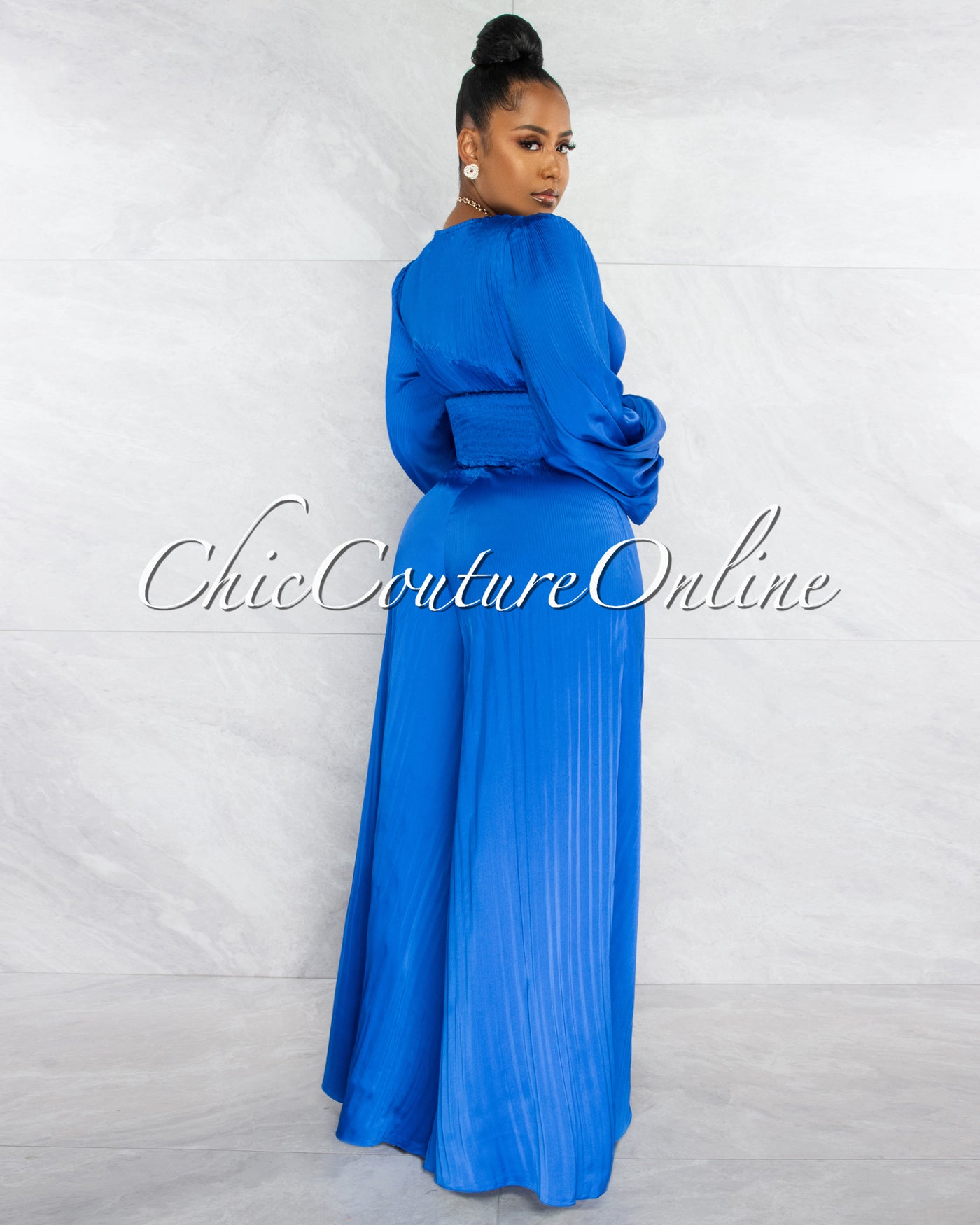 Sheena Royal Blue Long Sleeves Crop Top & Pants Pleated Set