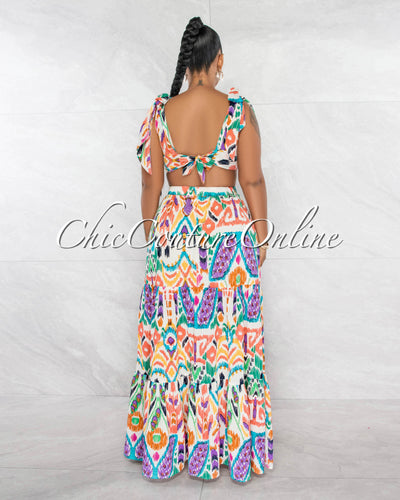 Perez Ivory Multi-Color Print Cut-Out Maxi Dress
