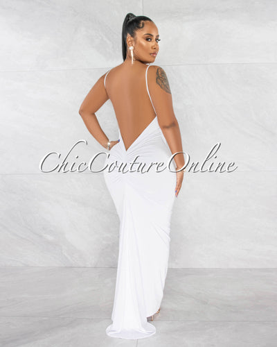 Balara Off-White Deep V-Neckline Low Back Drape Maxi Dress