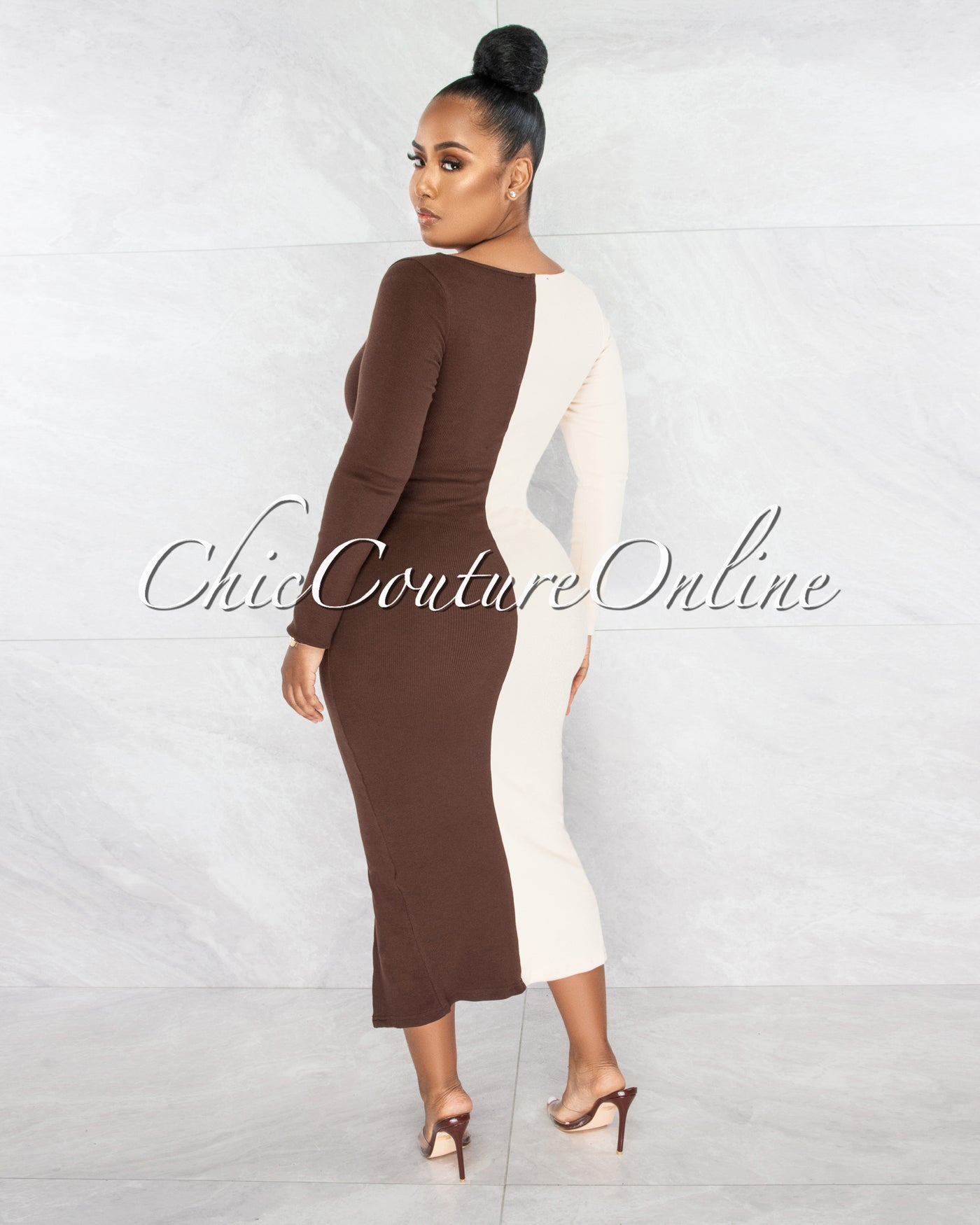 *Adova Brown Nude Two Tone Lace-Up Ribbed Dress