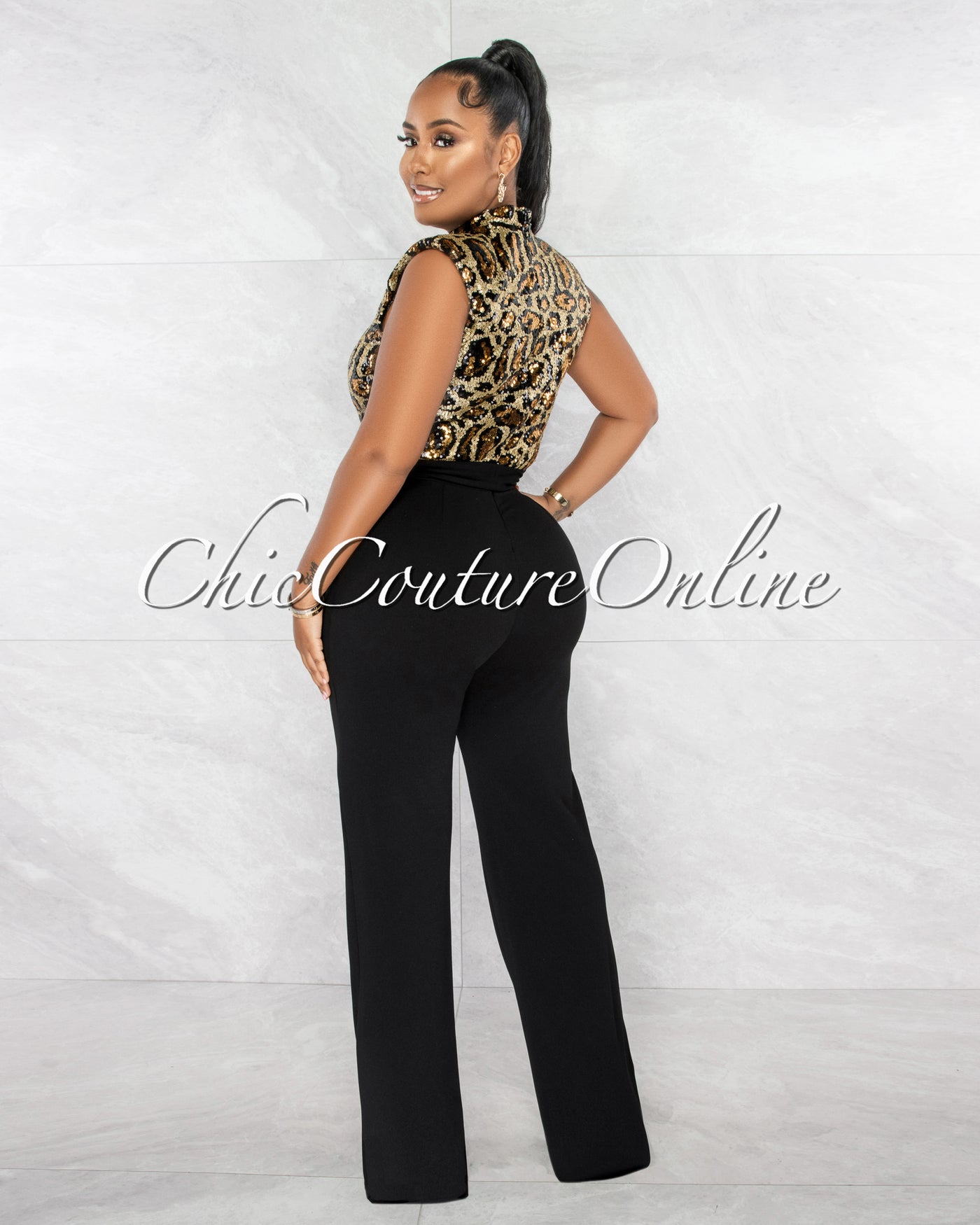 *Blaine Gold Leopard Sequins Black Bottom Jumpsuit