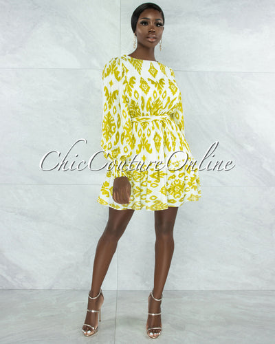 Bruno White Green Print Bubble Sleeves Dress
