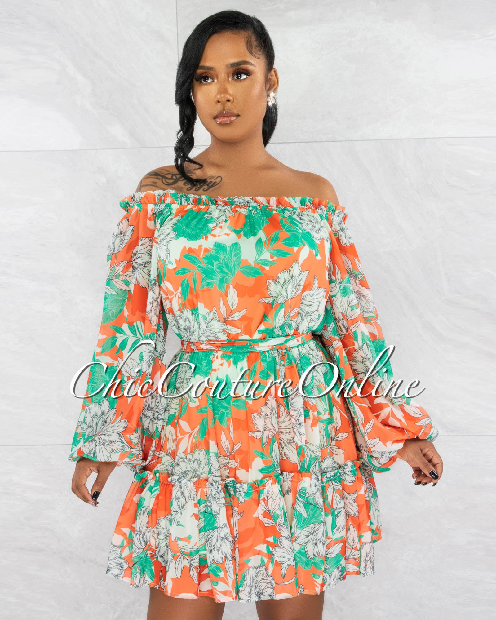 *Linda Green Orange Print Self-Tie Belt Skater Dress
