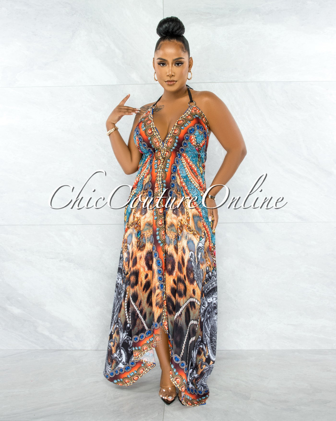 Karlene Brown Orange Leopard Rhinestones Halter Maxi Dress