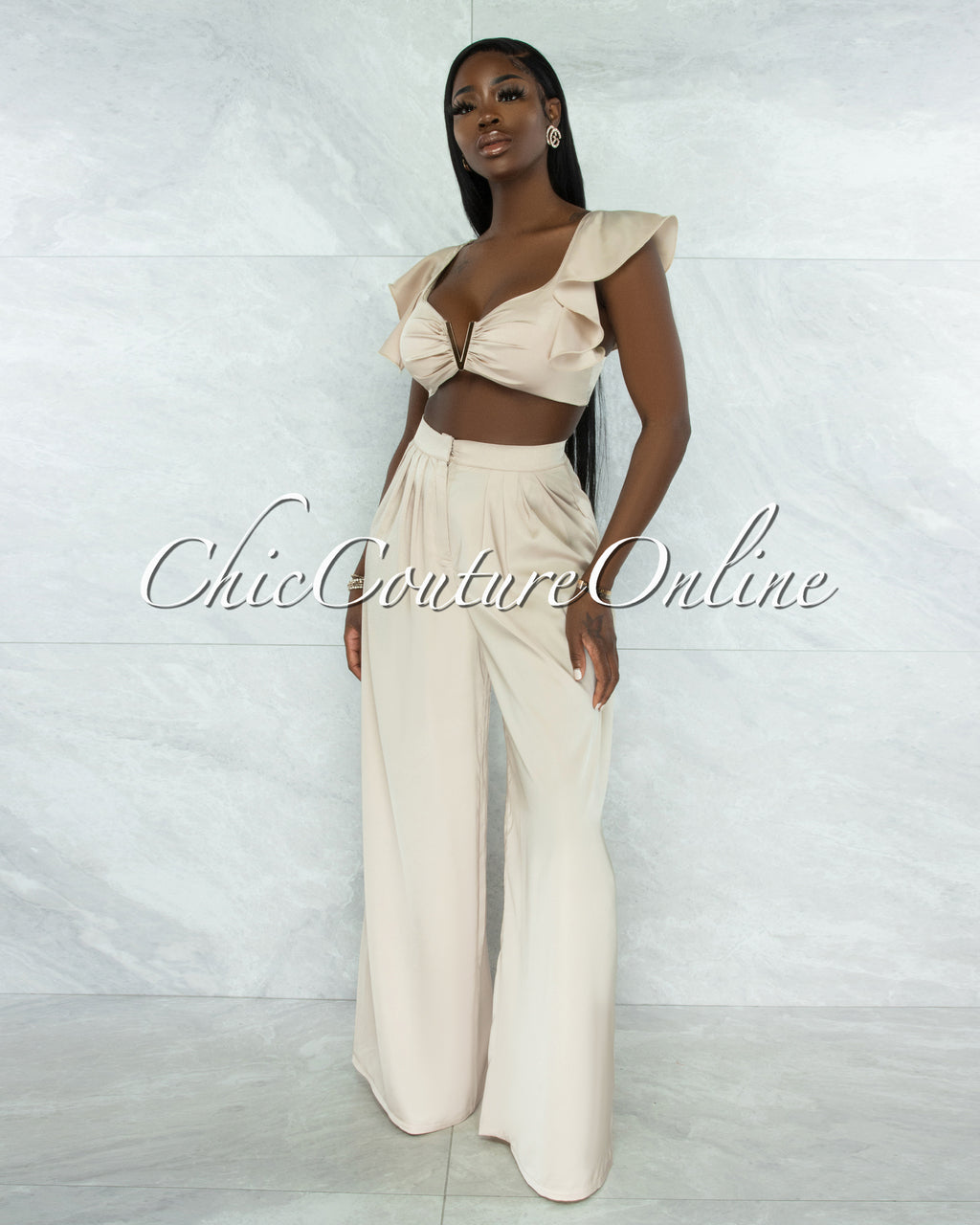 *Labiana Ivory Gold Accent Top & Wide Legs Pants Silky Set