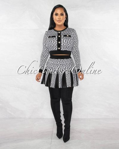 *Canalie Black White Fret Print Crop Top & Pleated Skirt Set