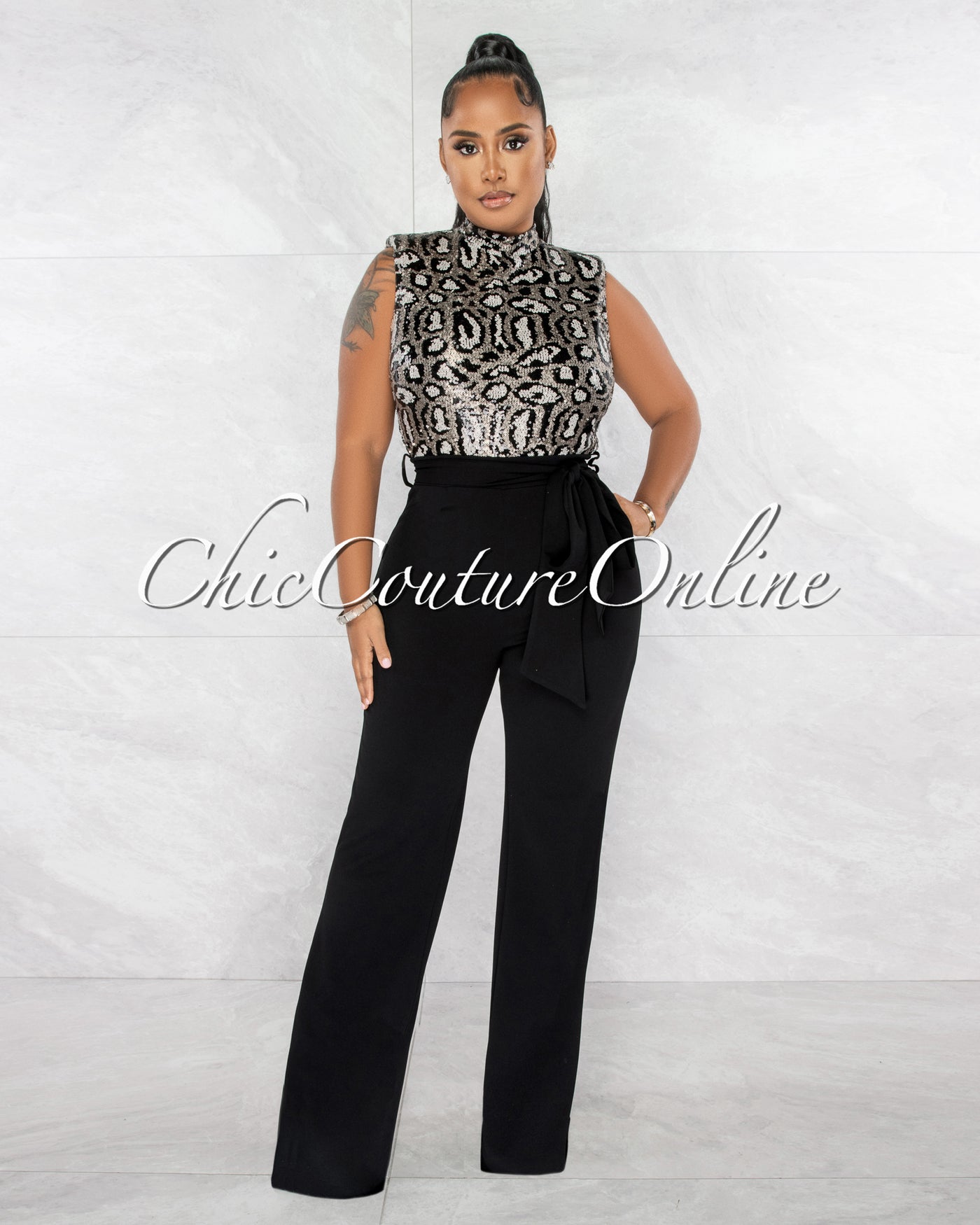 *Blaine Silver Leopard Sequins Black Bottom Jumpsuit