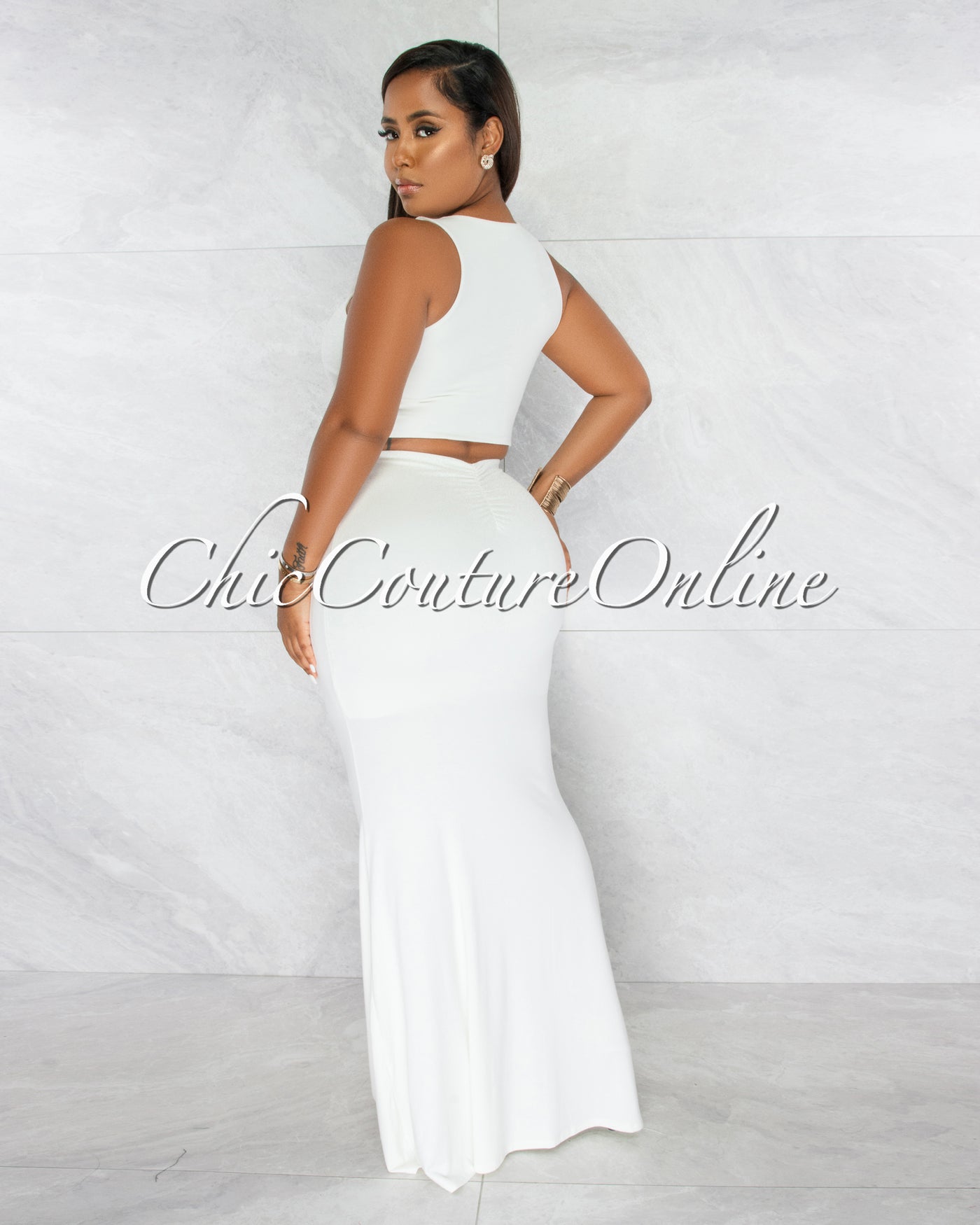*Virginia Off-White Ruched Crop Top & Maxi Skirt Set