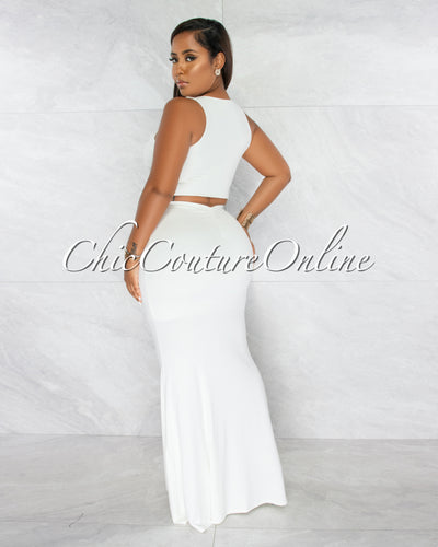 *Virginia Off-White Ruched Crop Top & Maxi Skirt Set
