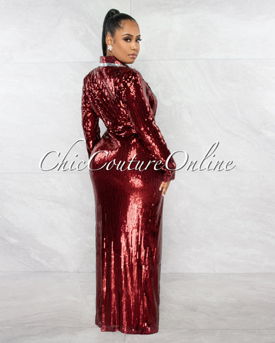 *Lewana Burgundy Silver Sequins Double Trench Maxi Dress