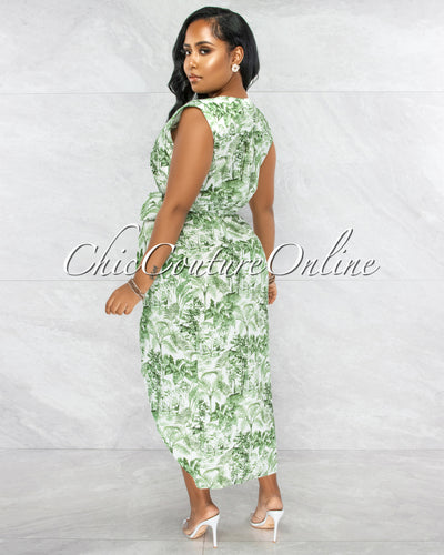 *Lerenda White Green Leaf Wrap High Low Midi Dress