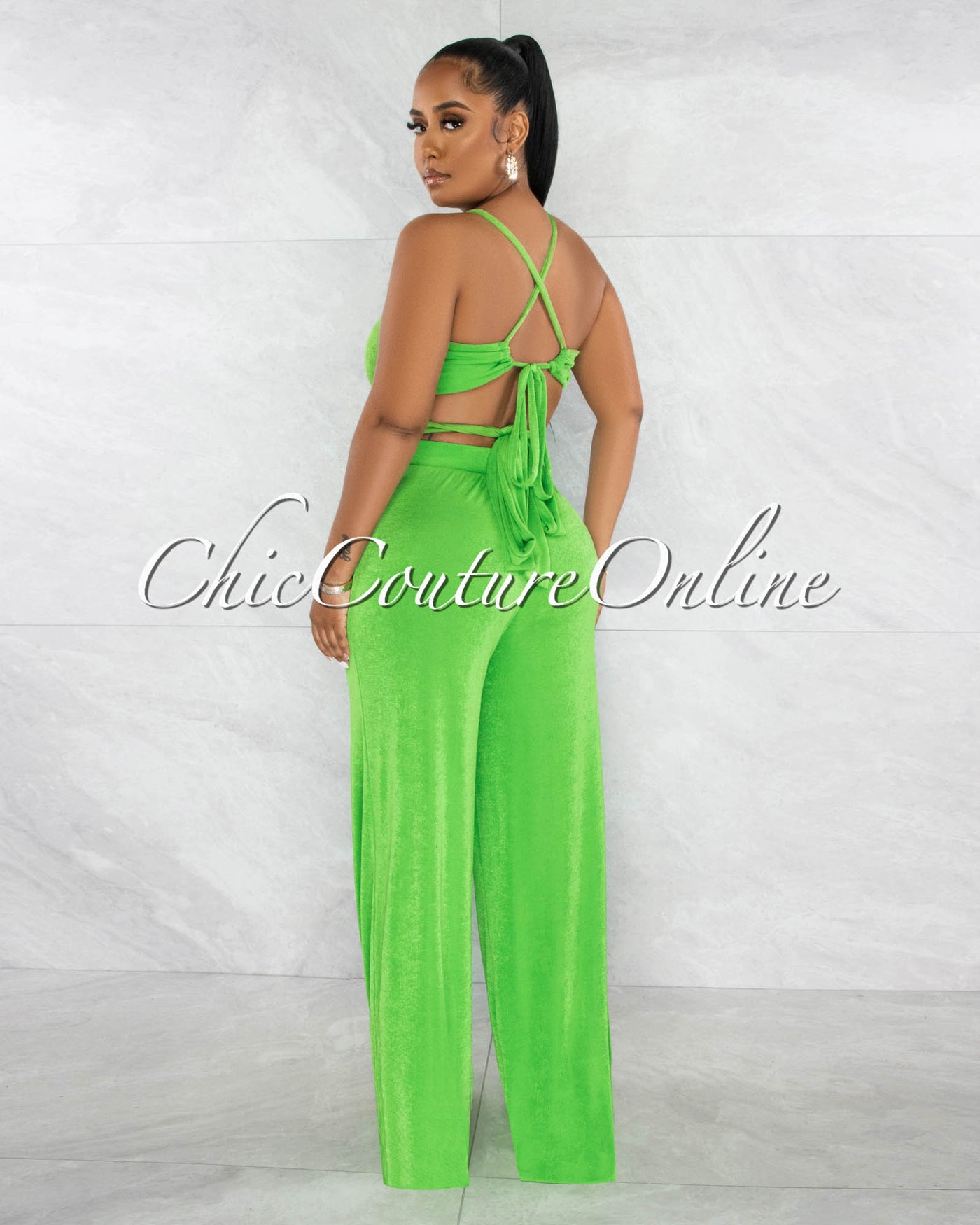 *Ramona Green Multi-Way Tie Crop Top & Wide Pants Set