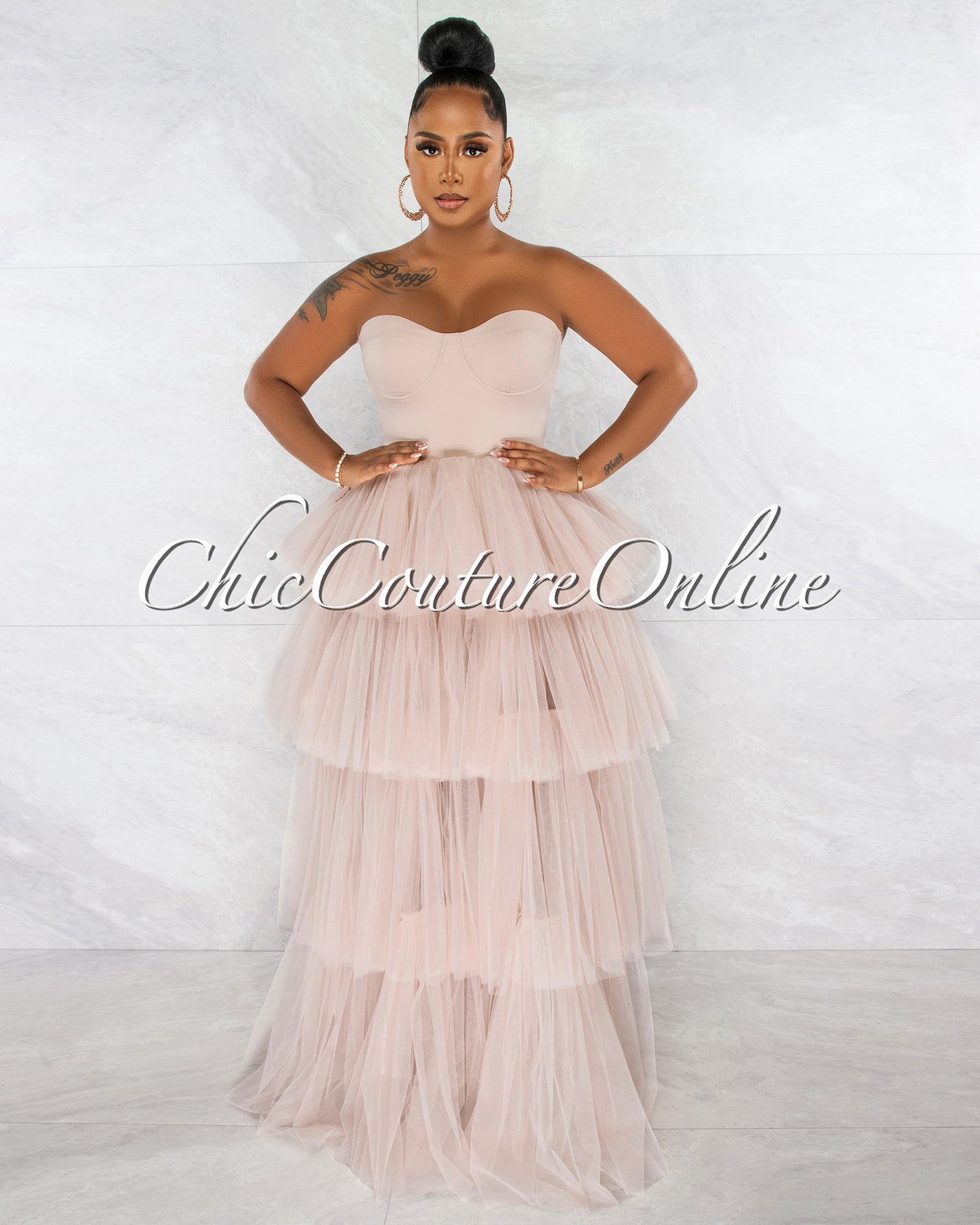 *Dempsey Nude Padded Cups Tulle Tiered Bodysuit Maxi Dress