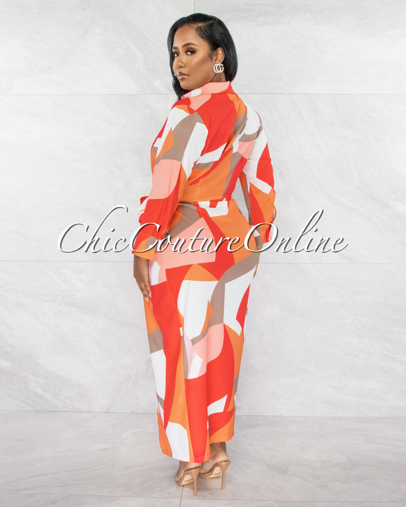 Lilia Orange White Print Wrap Style Maxi Dress