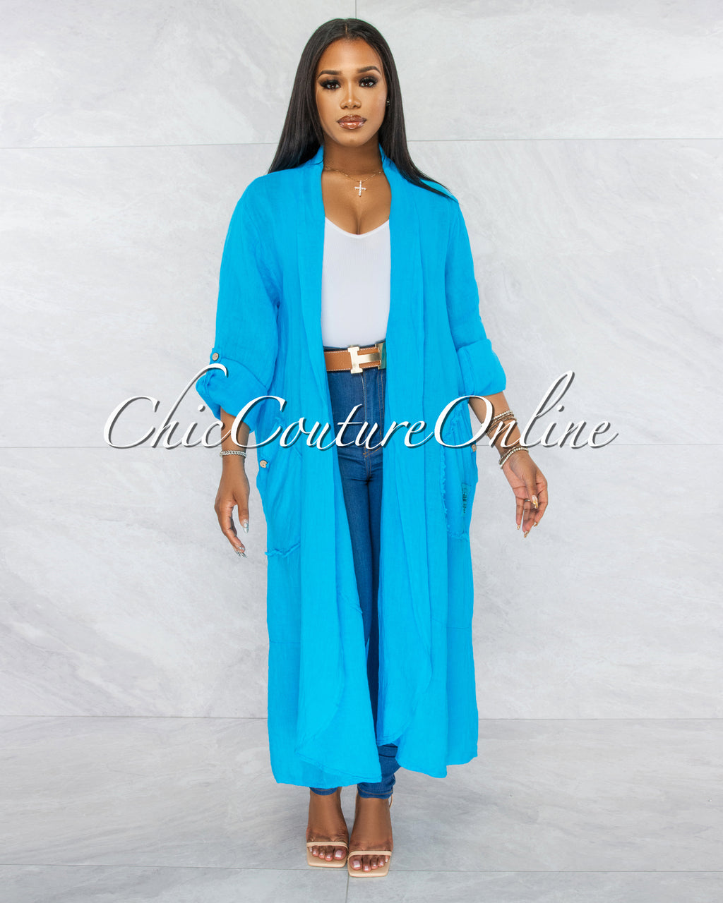 Mendoza Turquoise LINEN Side Pockets Duster