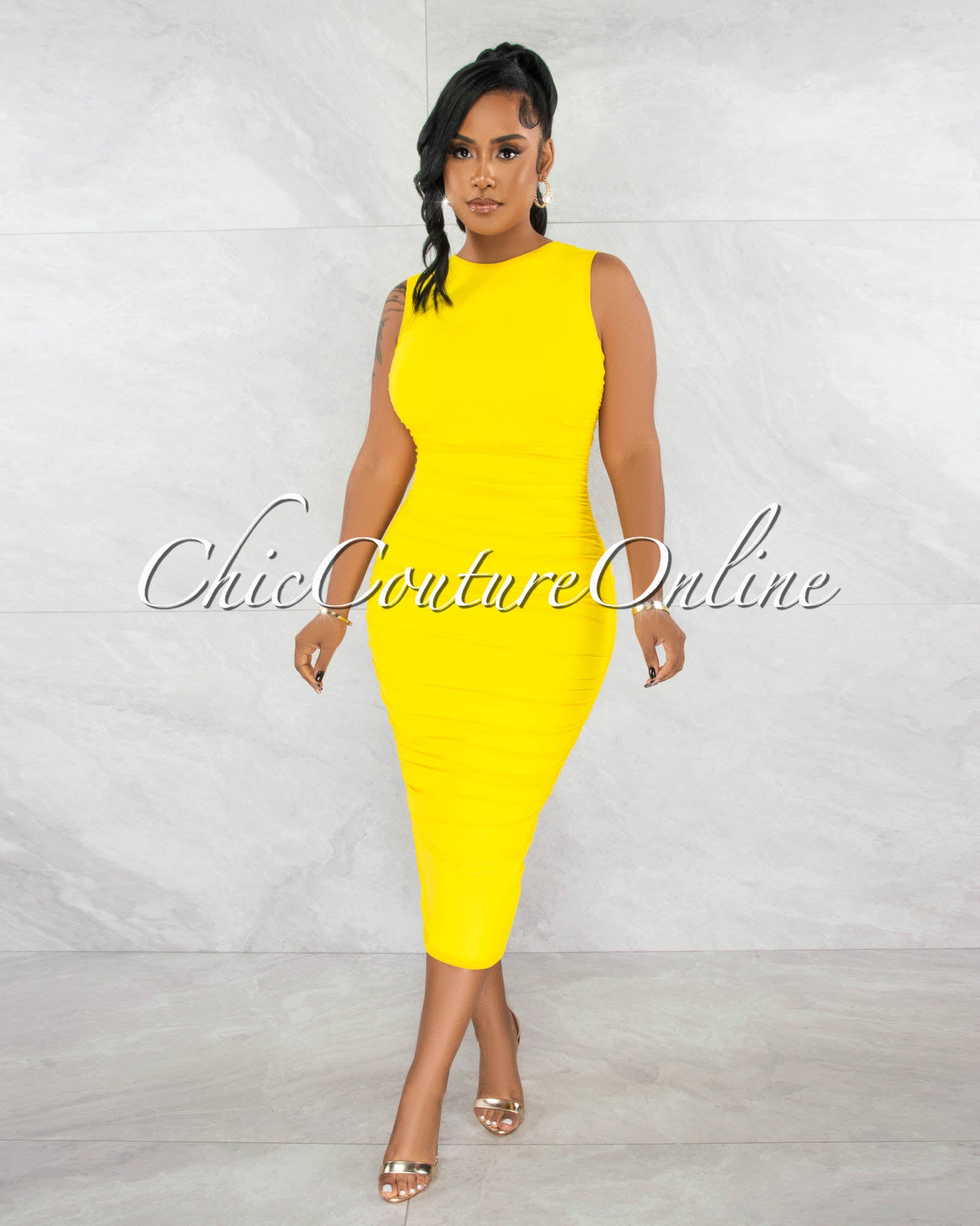 Canace Yellow Mesh Ruched Midi Dress
