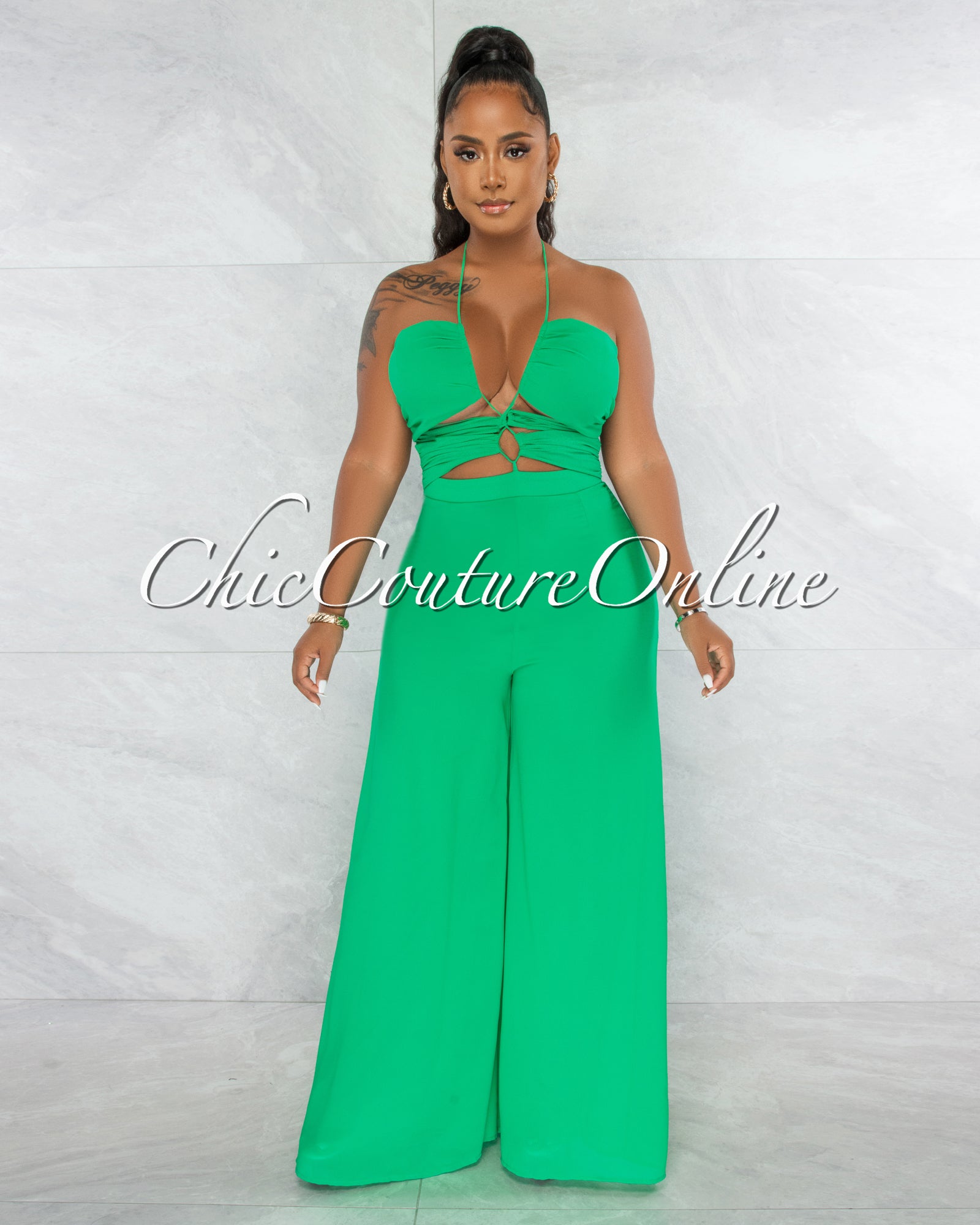 *Boniface Green Front Cut-Out Lace-Up Jumpsuit