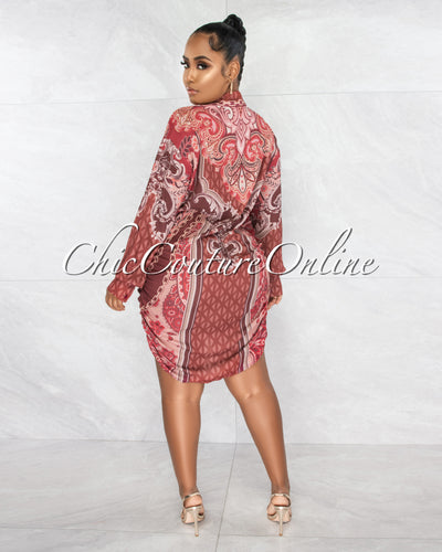 *Consie Burgundy Print Draped Shirt Dress