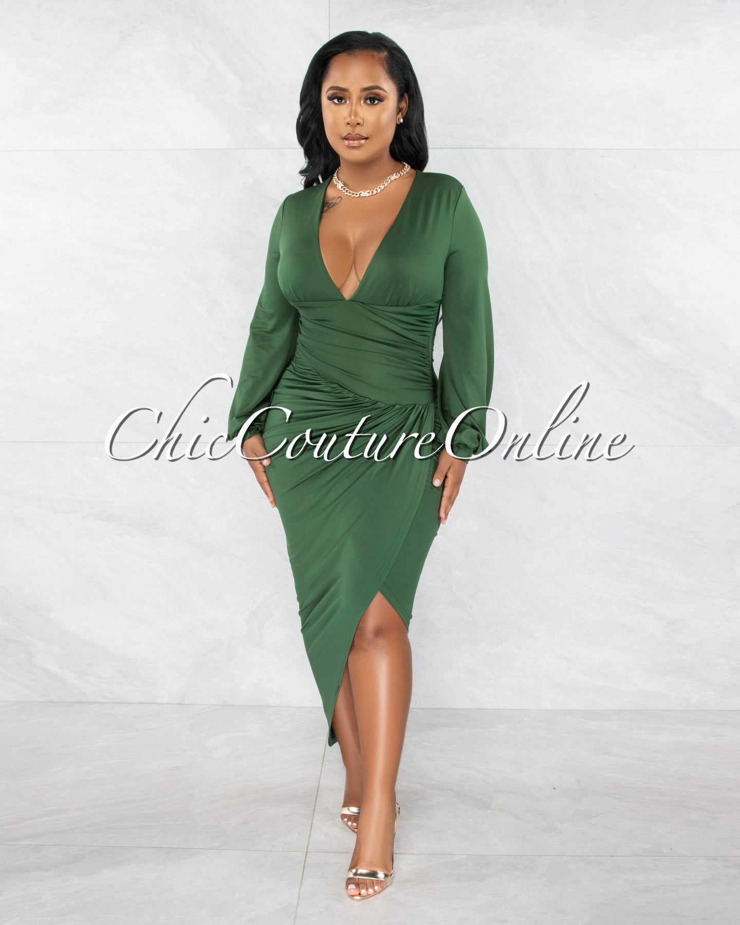 Vida Hunter Green V-Neck Draped Waistband Midi Dress – Chic Couture Online