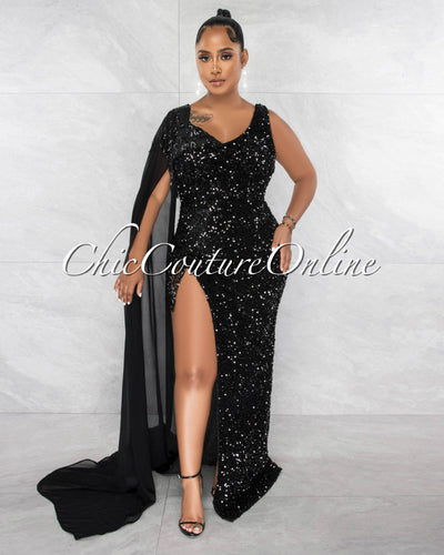 *Corliss Black Sequins Single Long Sleeve & Fringe Side Slit Bodysuit Gown