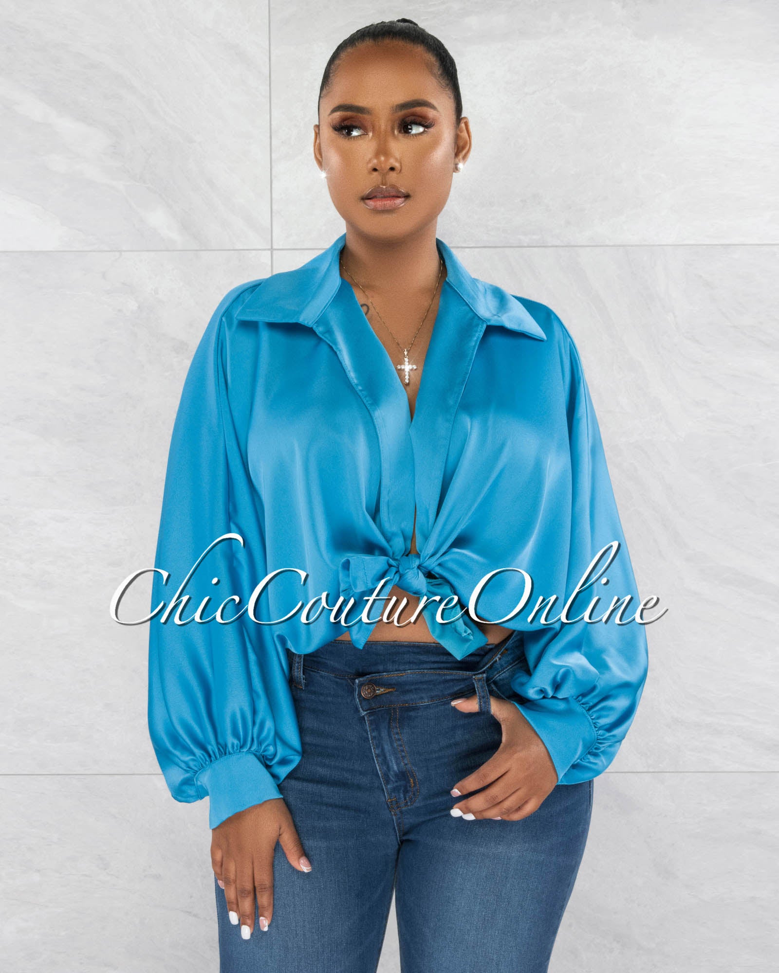 *Pilar Turquoise Wide Sleeves Silky Blouse