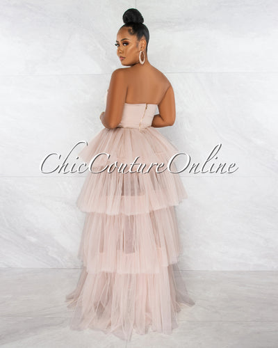 *Dempsey Nude Padded Cups Tulle Tiered Bodysuit Maxi Dress
