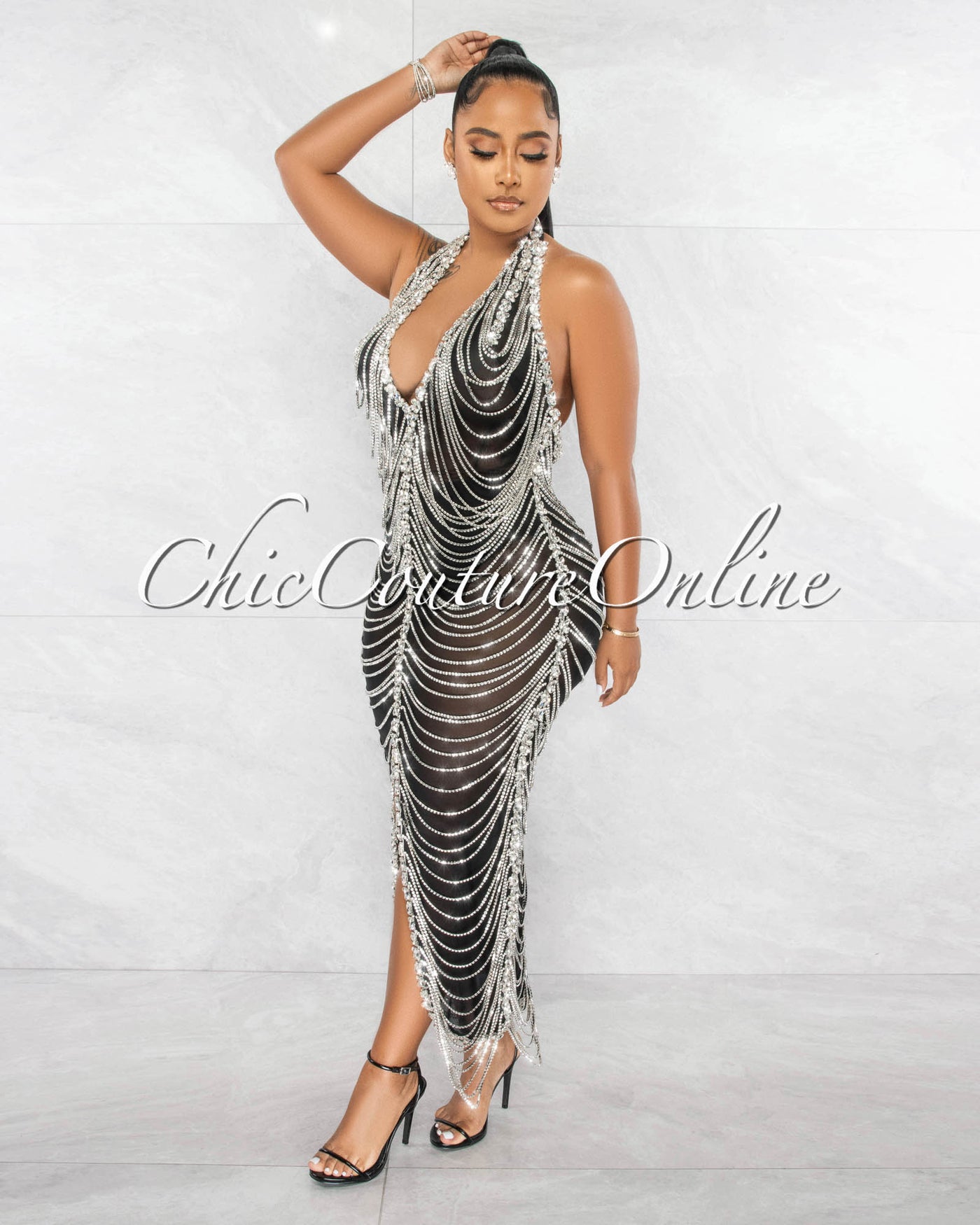 Christalline Black Silver Rhinestones Fringe Sheer Halter Dress