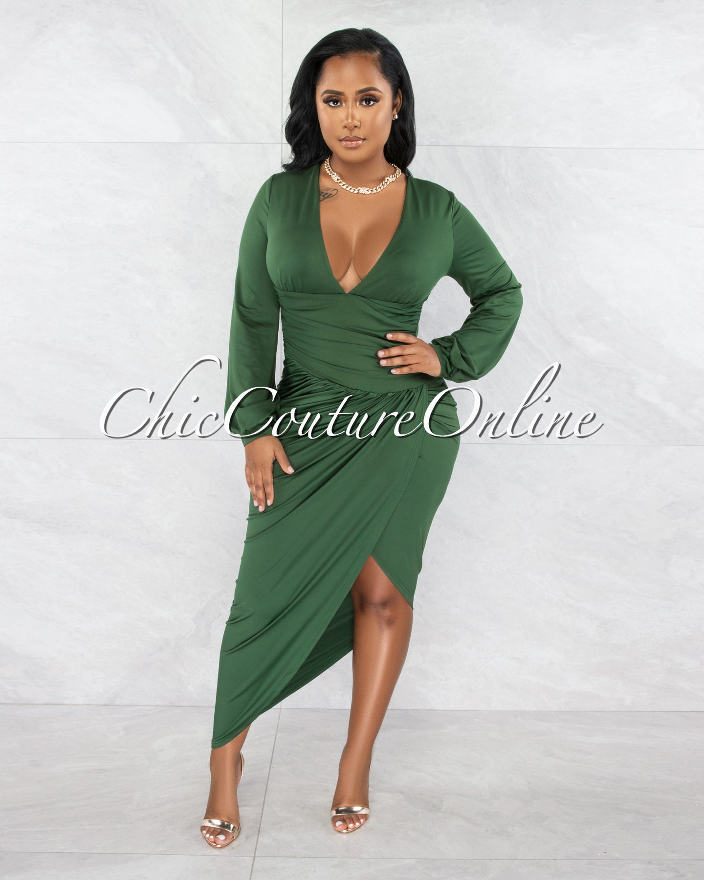 Vida Hunter Green V-Neck Draped Waistband Midi Dress – Chic Couture Online