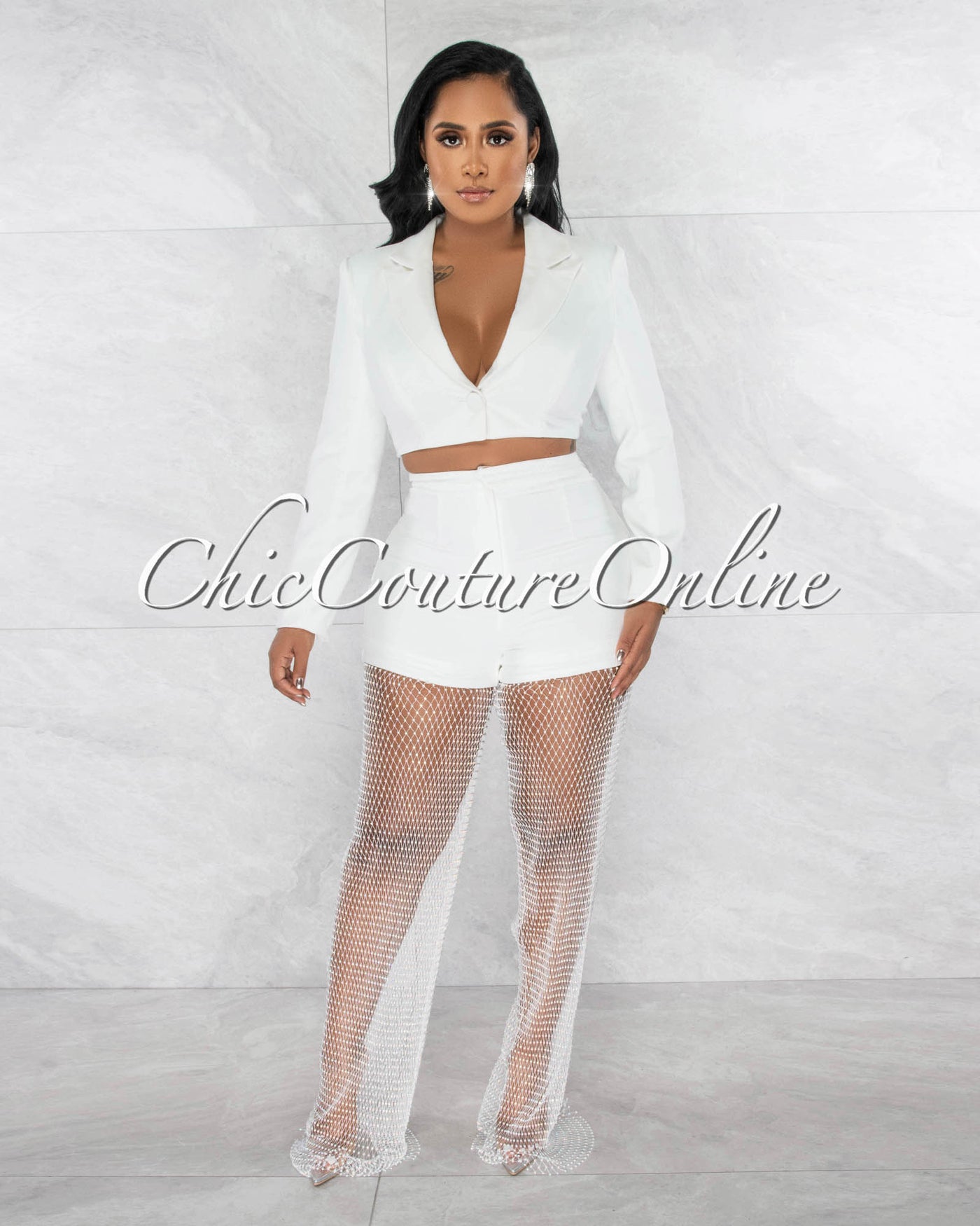 *Amaranto Off-White Crop Blazer & Mesh Rhinestones Pants Set