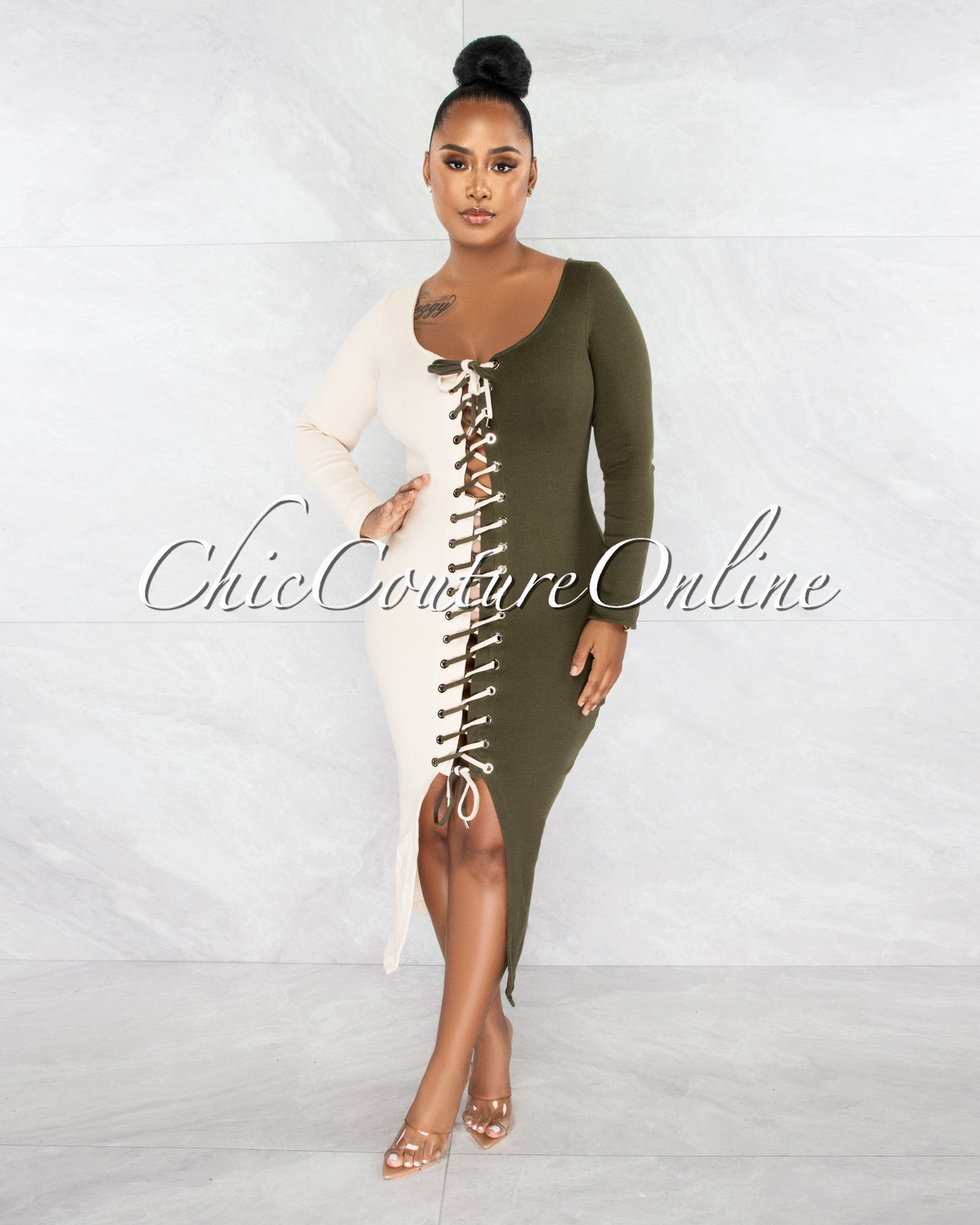 *Adova Olive Nude Two Tone Lace-Up Ribbed Dress