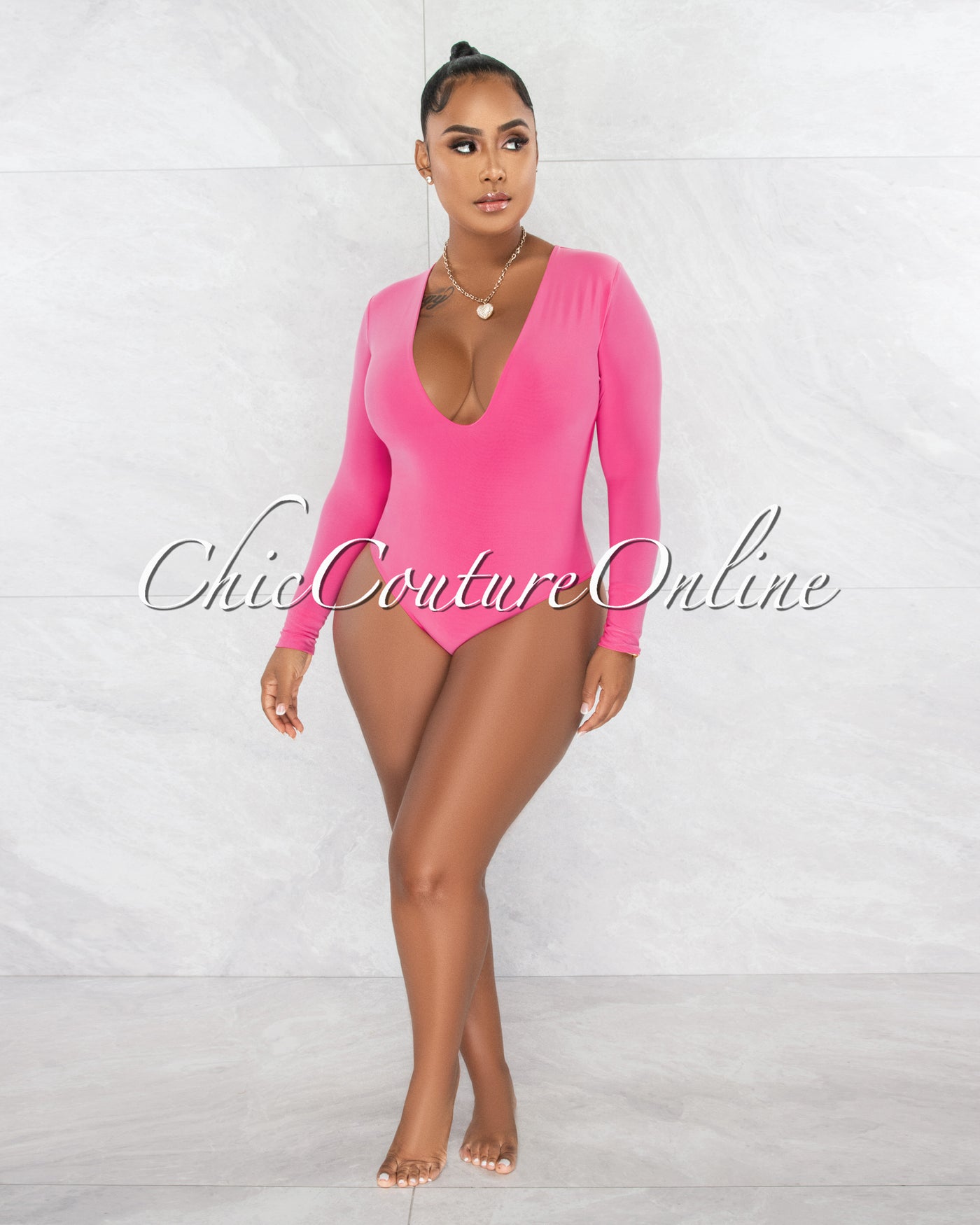 Nilam Bubblegum Pink Depp V Neck Long Sleeves Bodysuit