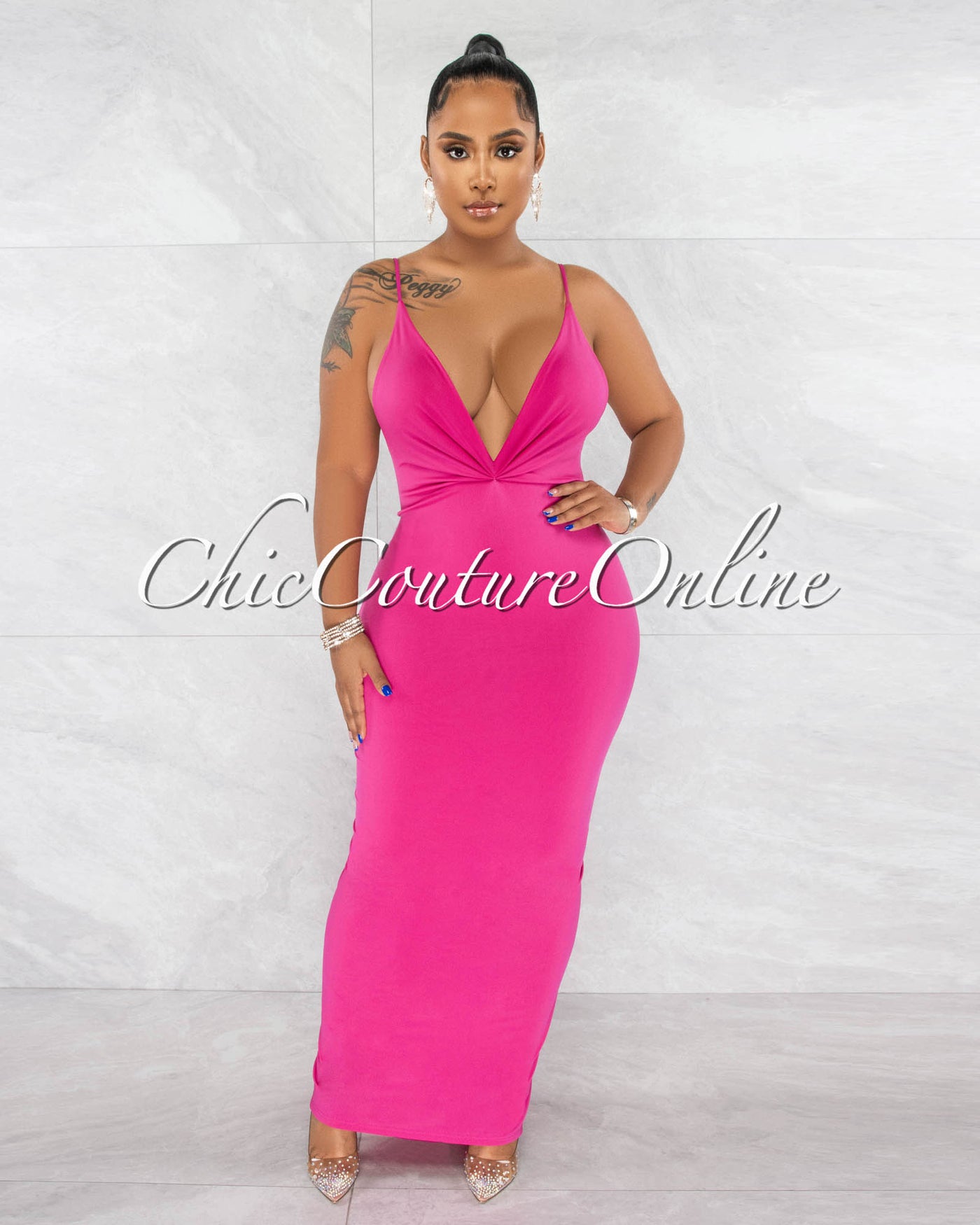 *Balara Magenta Deep V-Neckline Low Back Drape Maxi Dress