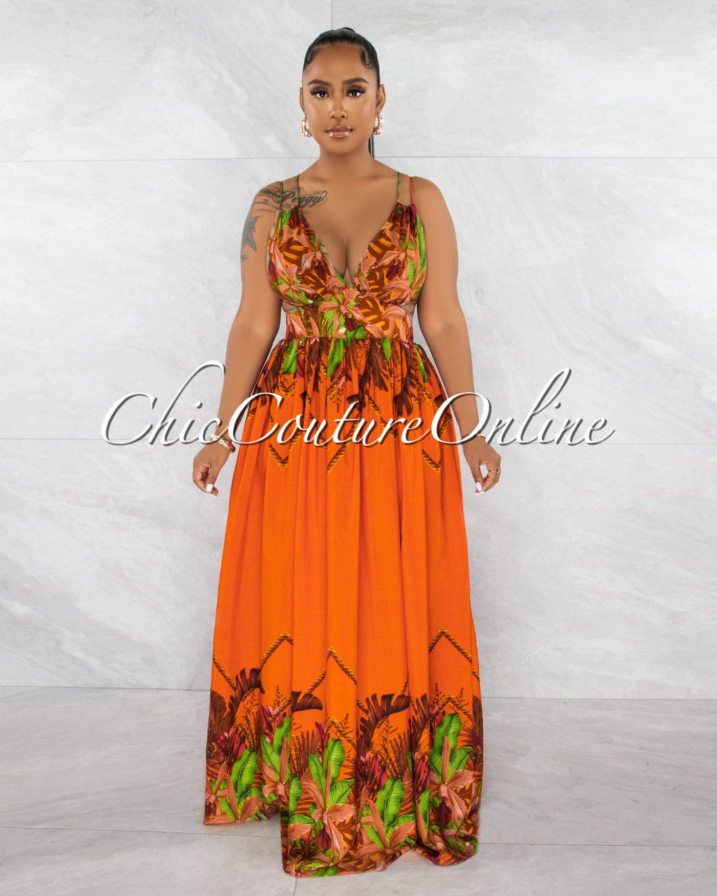 Lamusa Orange Multi-Color Print Cut-Out Maxi Dress