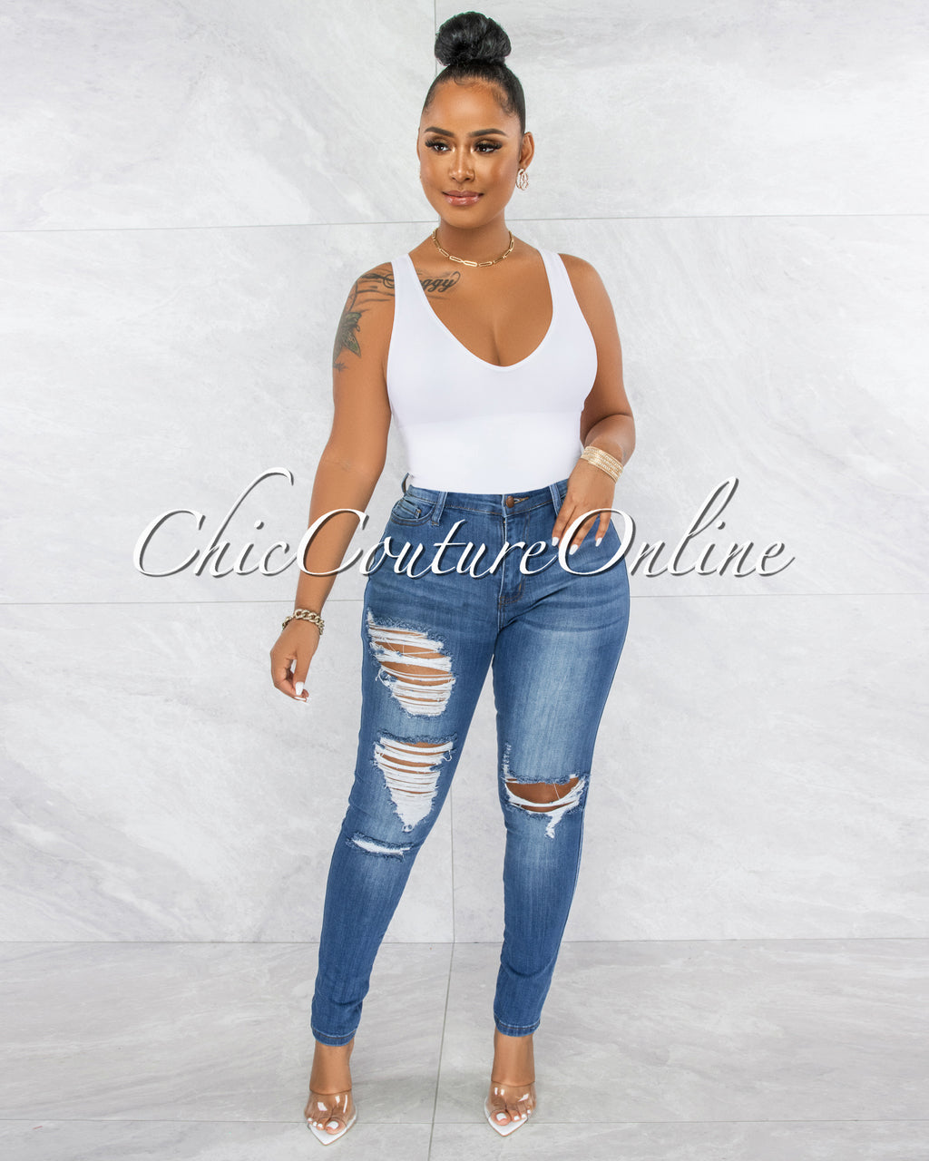 *Jamaica Medium Denim High-Waist Distressed Skinny Jeans